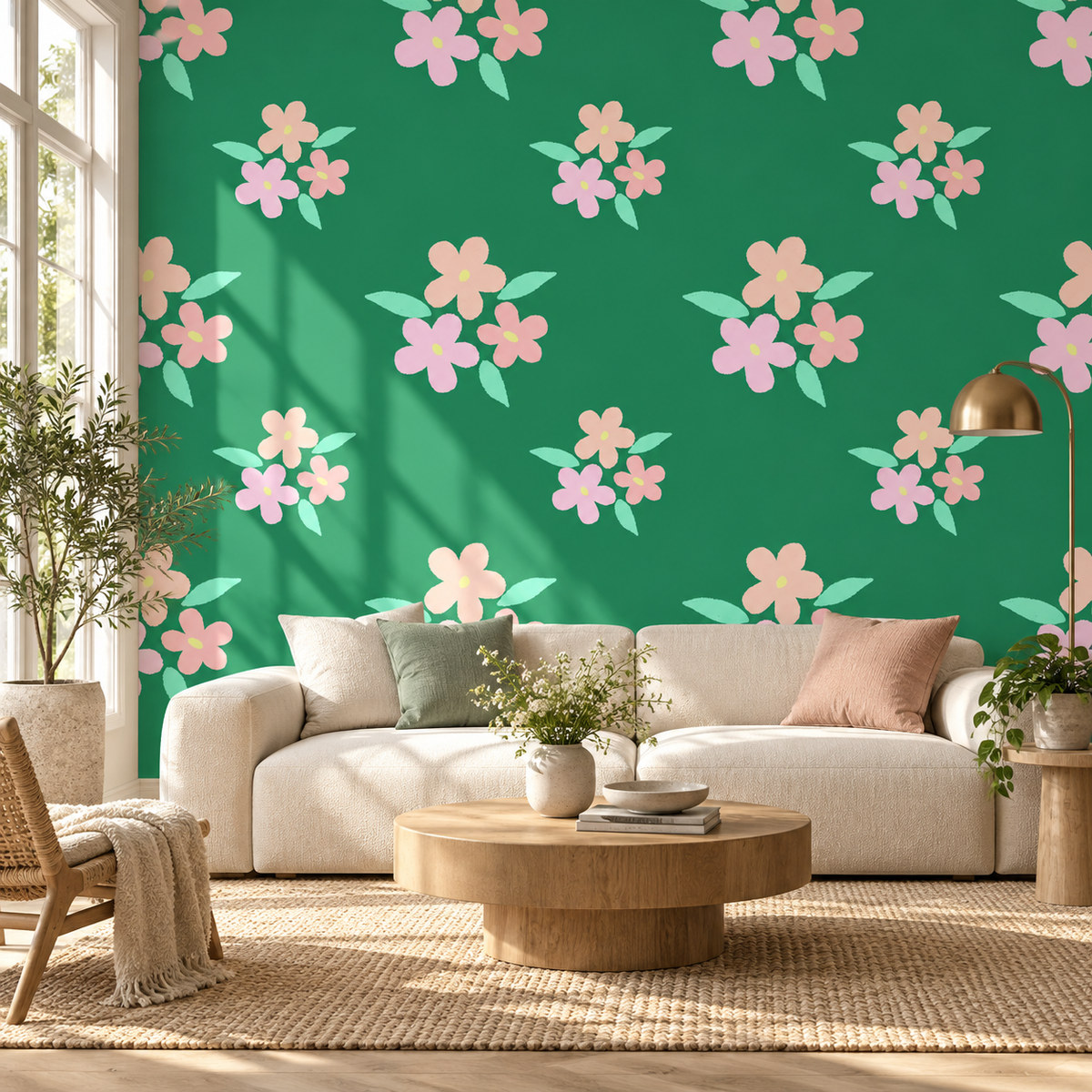 Meadow Blossoms, peel and stick wallpaper styled on a feature wall