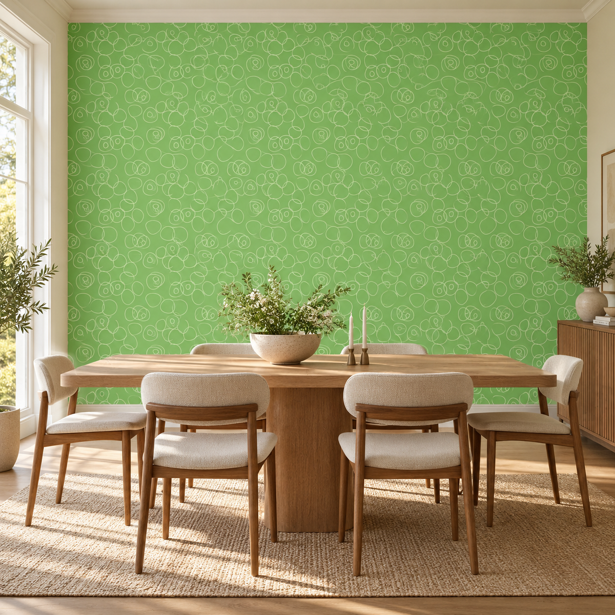 Meadow Loops, peel and stick wallpaper styled on a feature wall