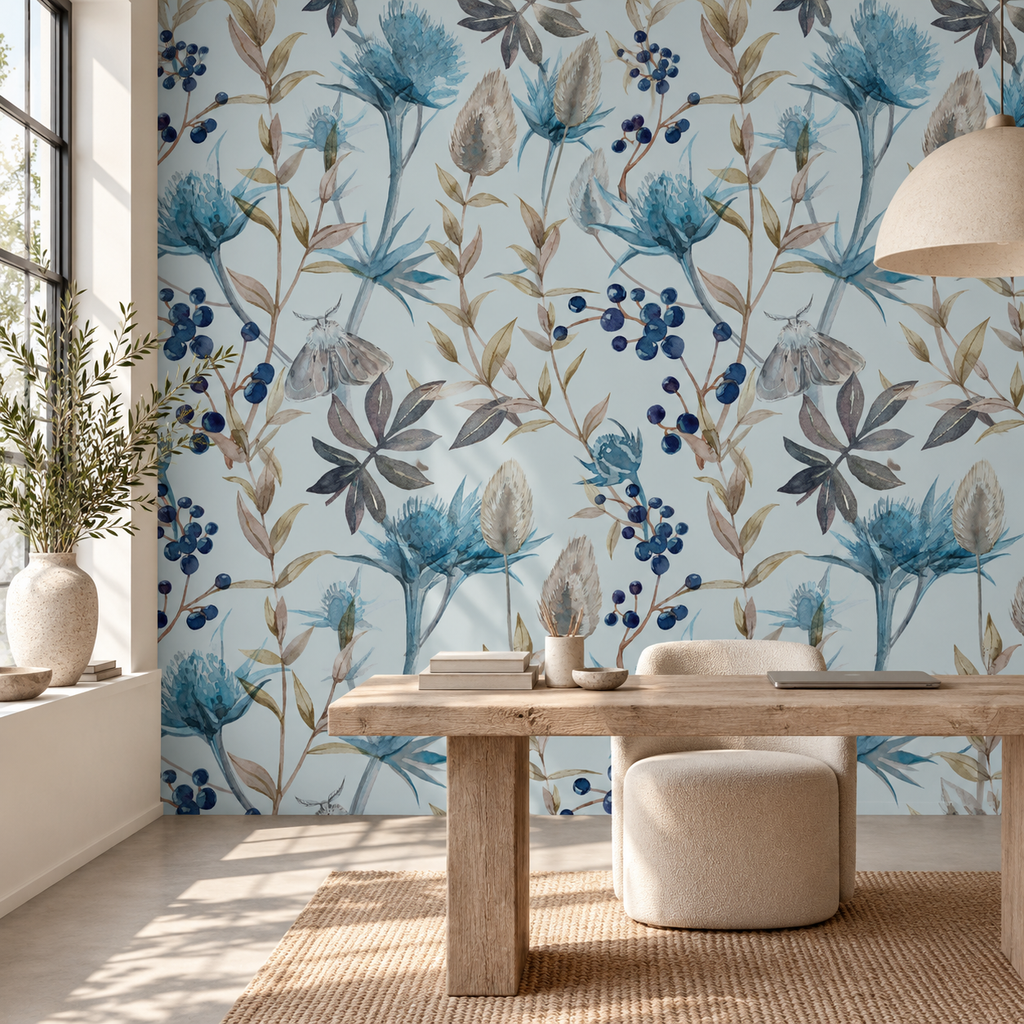 Meadow Moth, peel and stick wallpaper styled on a feature wall