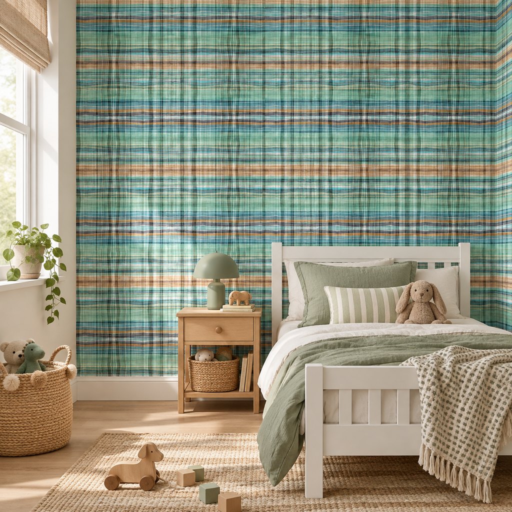 Meadow Plaid peel and stick wallpaper styled on a feature wall