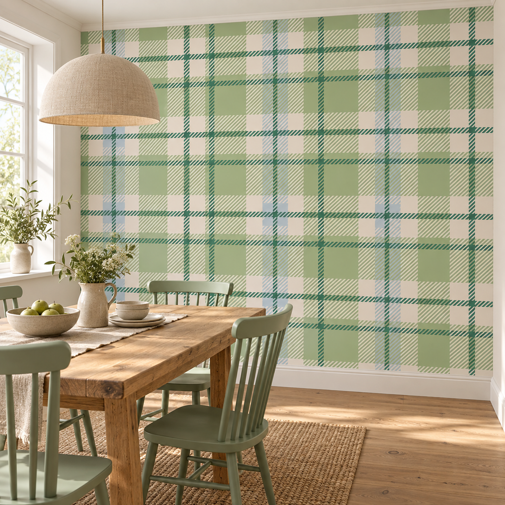 Soft Tartan, peel and stick wallpaper styled on a feature wall