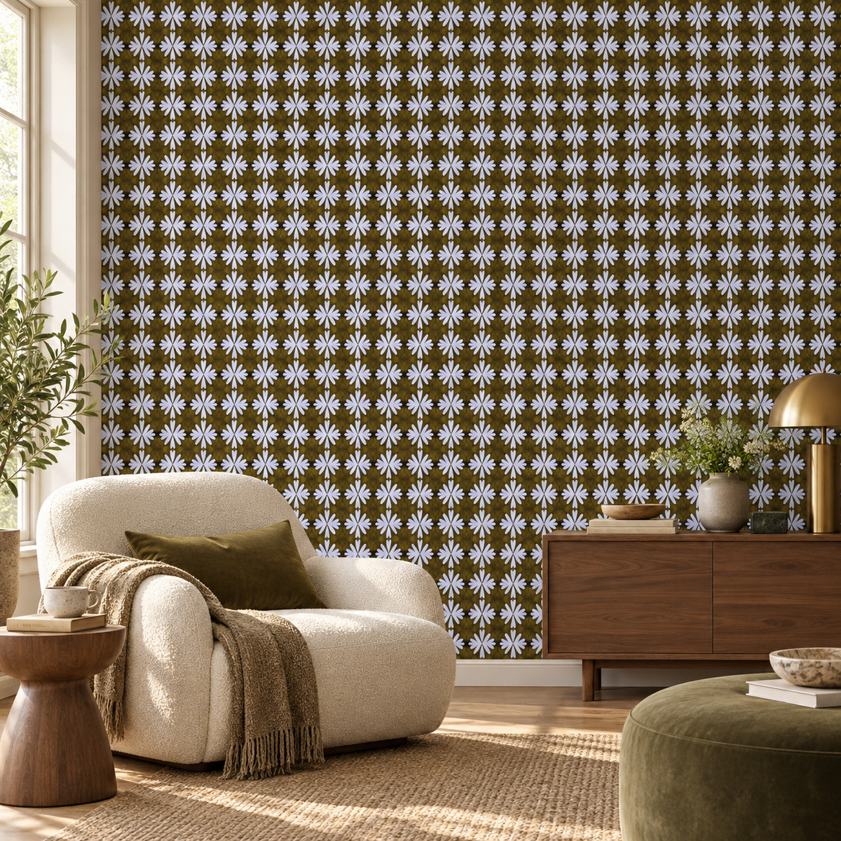 Meadow Repeat, peel and stick wallpaper styled on a feature wall