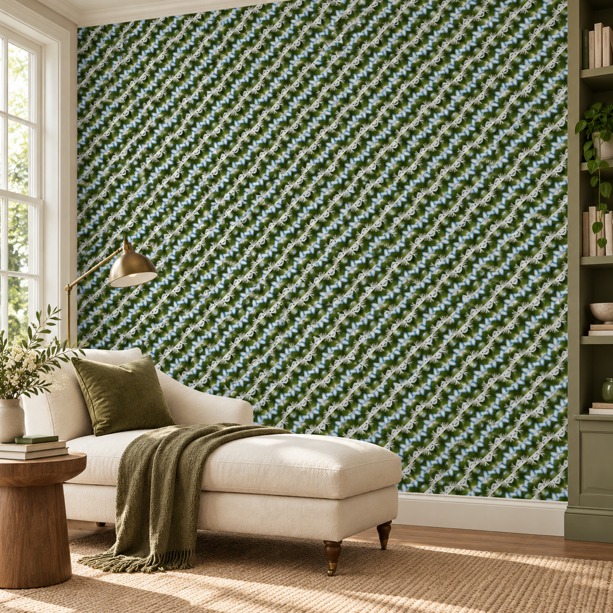 Meadow Ripple, peel and stick wallpaper styled on a feature wall