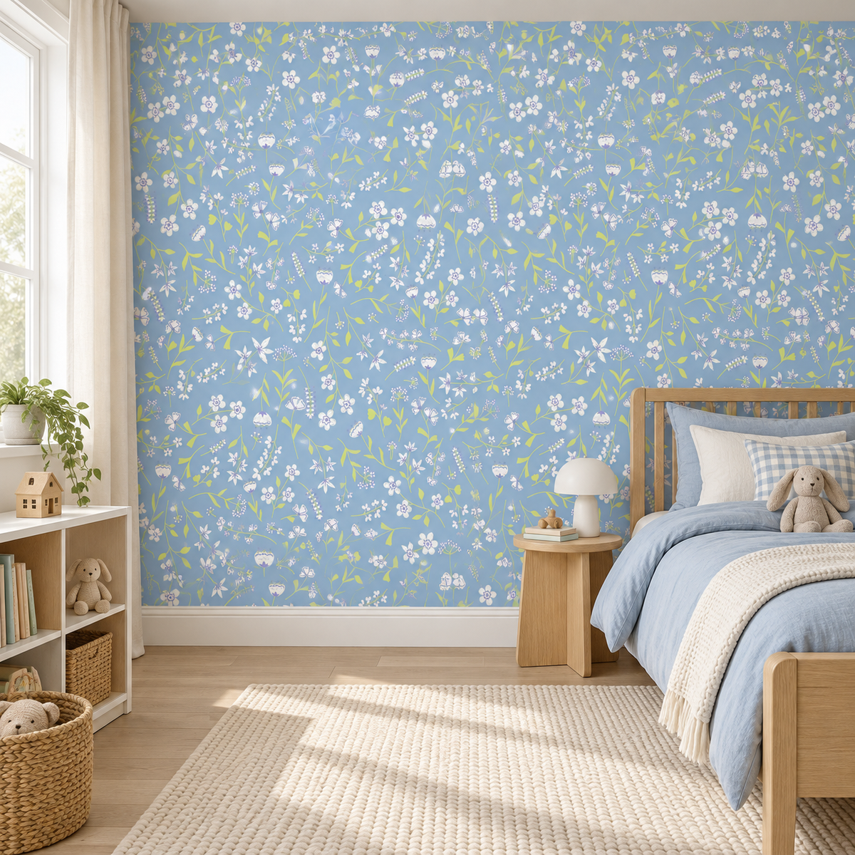 Sky Meadow, peel and stick wallpaper styled on a feature wall