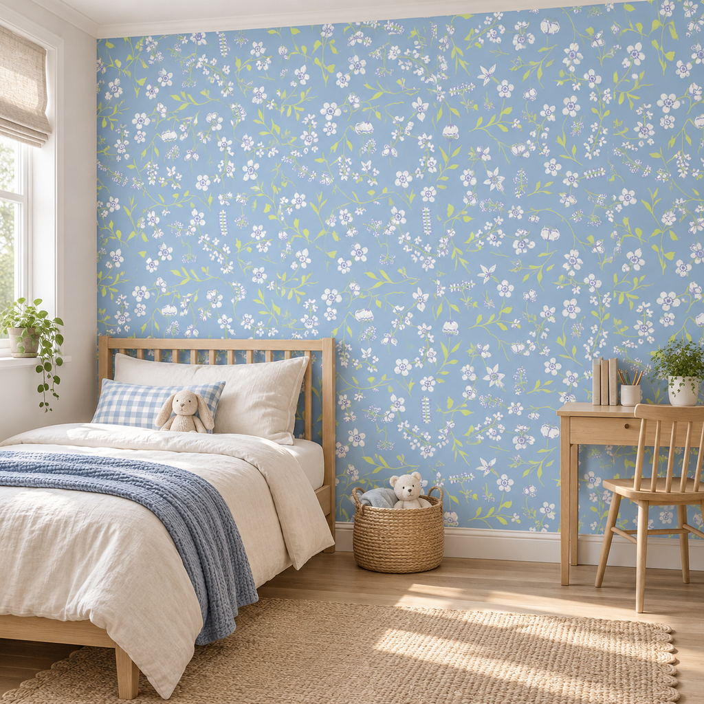 Meadow Sketch peel and stick wallpaper styled on a feature wall