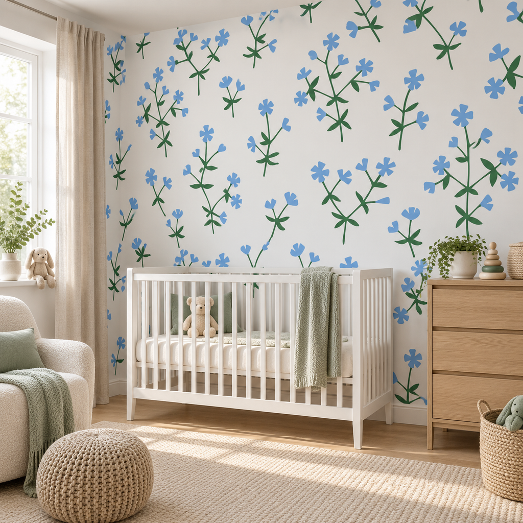 Meadow Sprigs peel and stick wallpaper styled on a feature wall