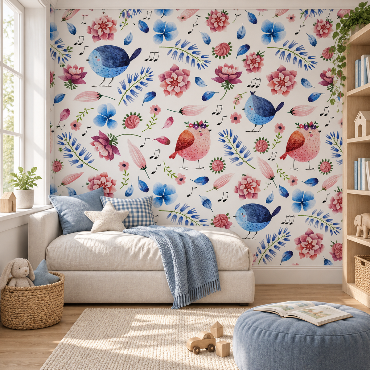 Melody Birds, peel and stick wallpaper styled on a feature wall