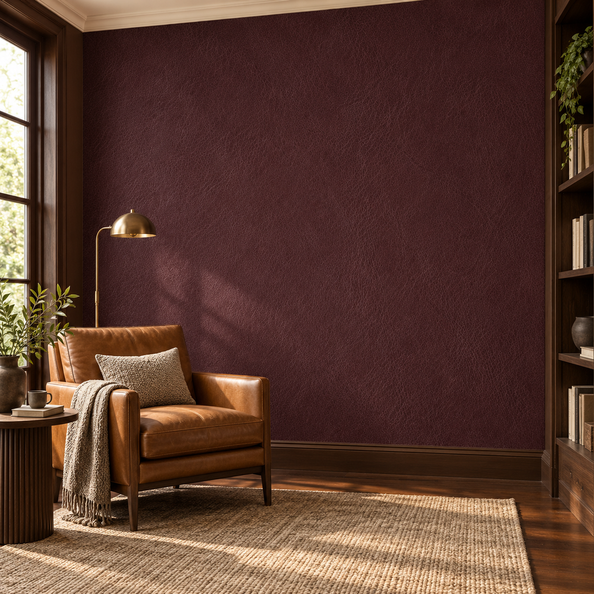 Merlot Leather, peel and stick wallpaper styled on a feature wall