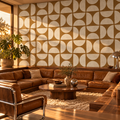 Mid Century Geometric in Burnt Orange by Sarah Thorpe, peel and stick wallpaper styled on a feature wall