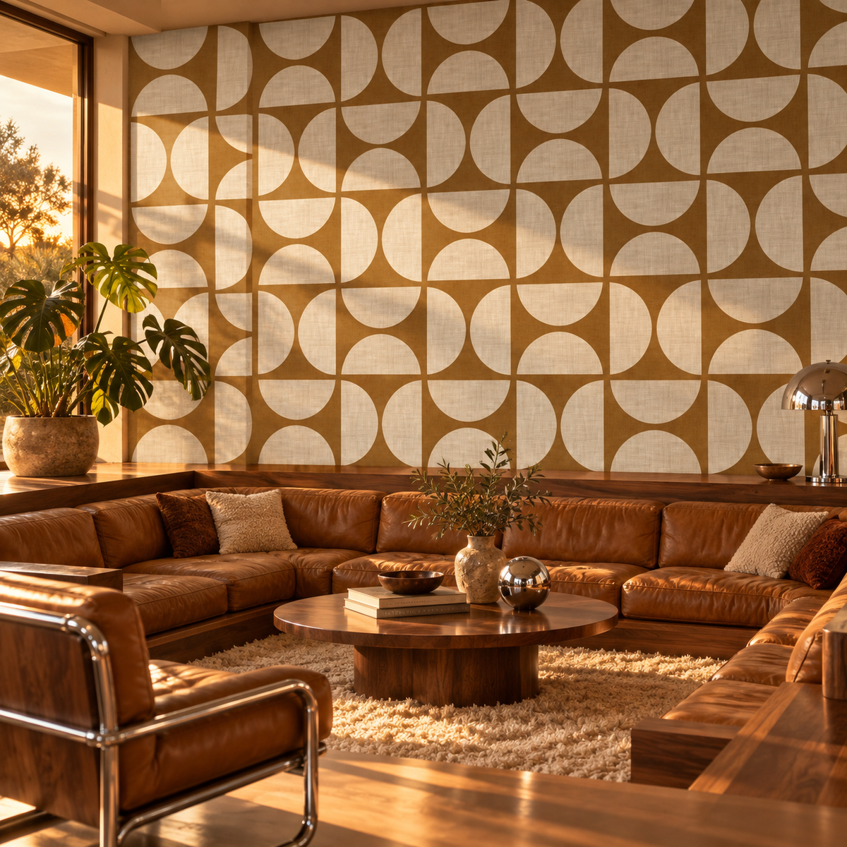 Mid Century Geometric in Burnt Orange by Sarah Thorpe, peel and stick wallpaper styled on a feature wall