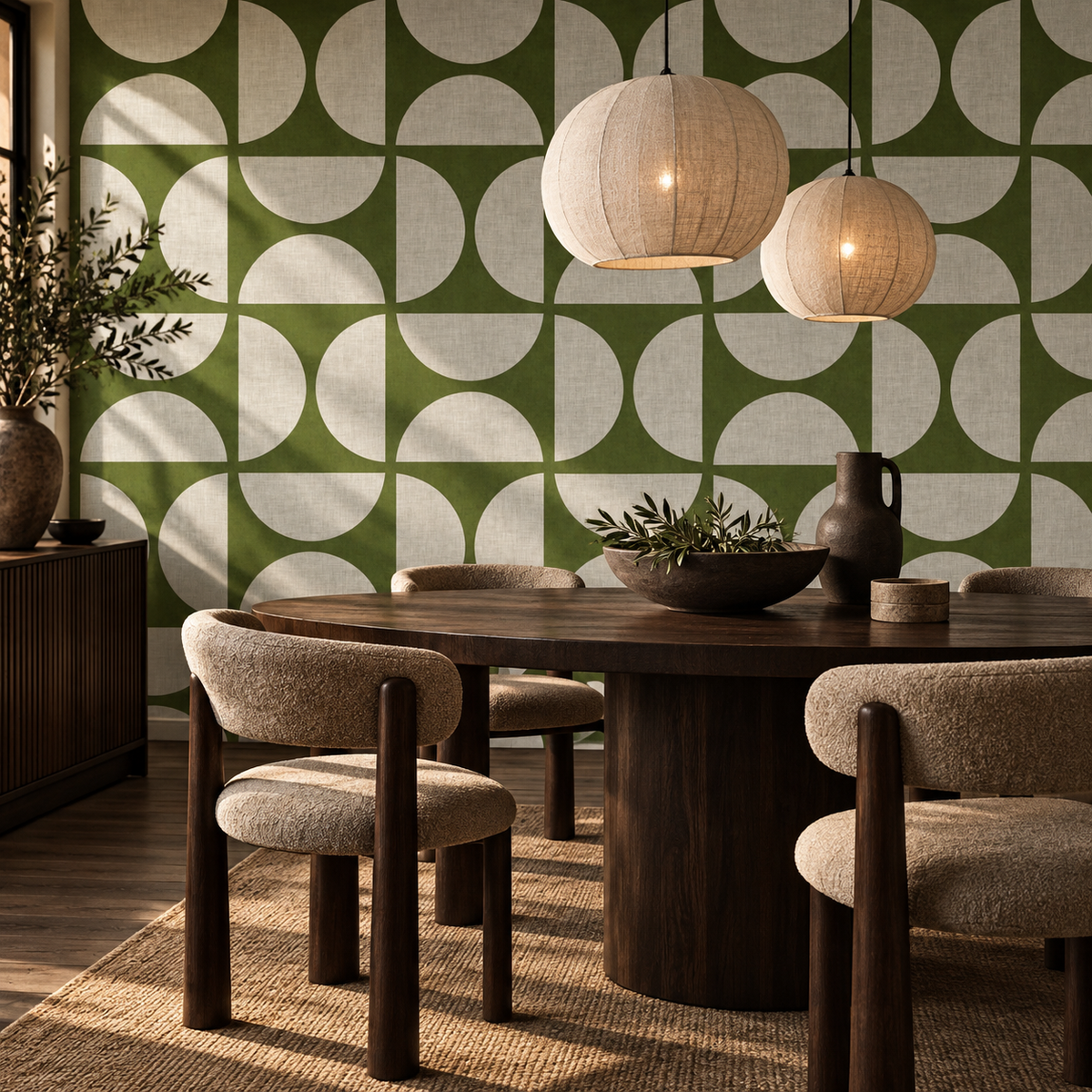 Mid Century Geometric in Moss Green by Sarah Thorpe, peel and stick wallpaper styled on a feature wall