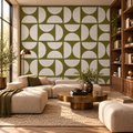 Mid Century Geometric in Olive Green by Sarah Thorpe, peel and stick wallpaper styled on a feature wall