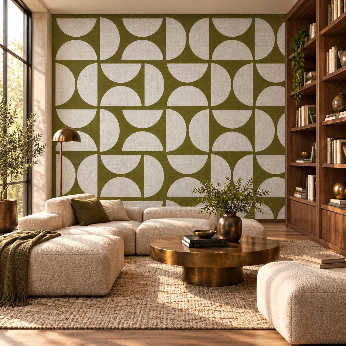 Mid Century Geometric in Olive Green by Sarah Thorpe, peel and stick wallpaper styled on a feature wall