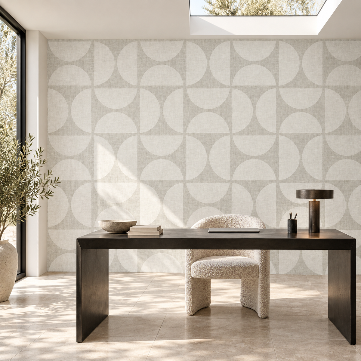 Mid Century Geometric in Soft Grey by Sarah Thorpe, peel and stick wallpaper styled on a feature wall