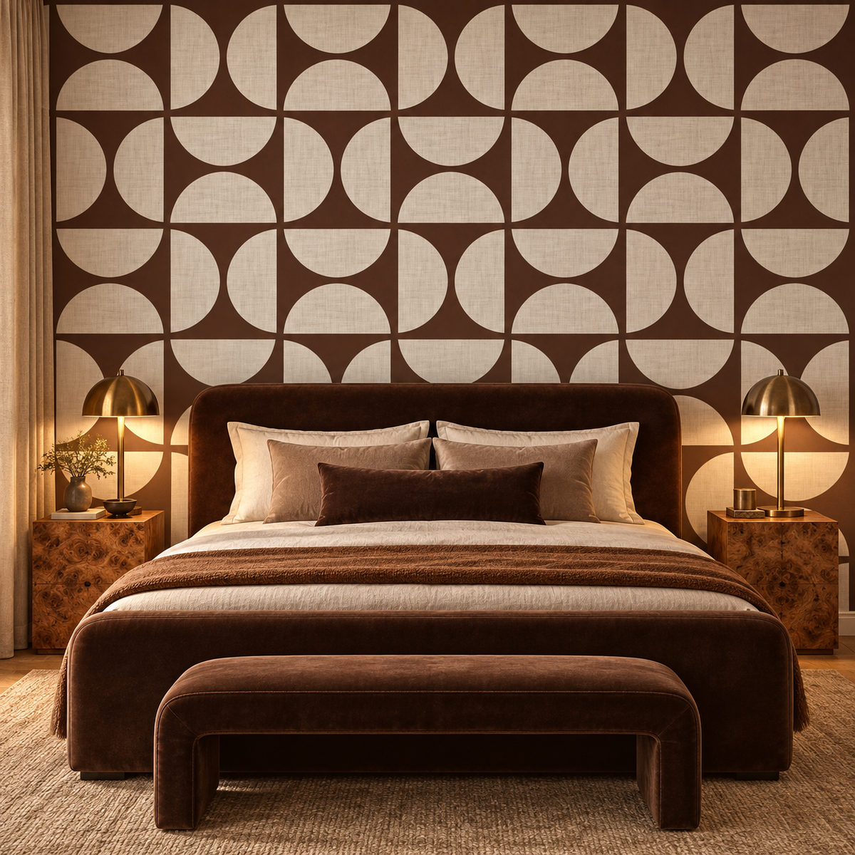 Mid Century Geometric in Warm Brown by Sarah Thorpe, peel and stick wallpaper styled on a feature wall