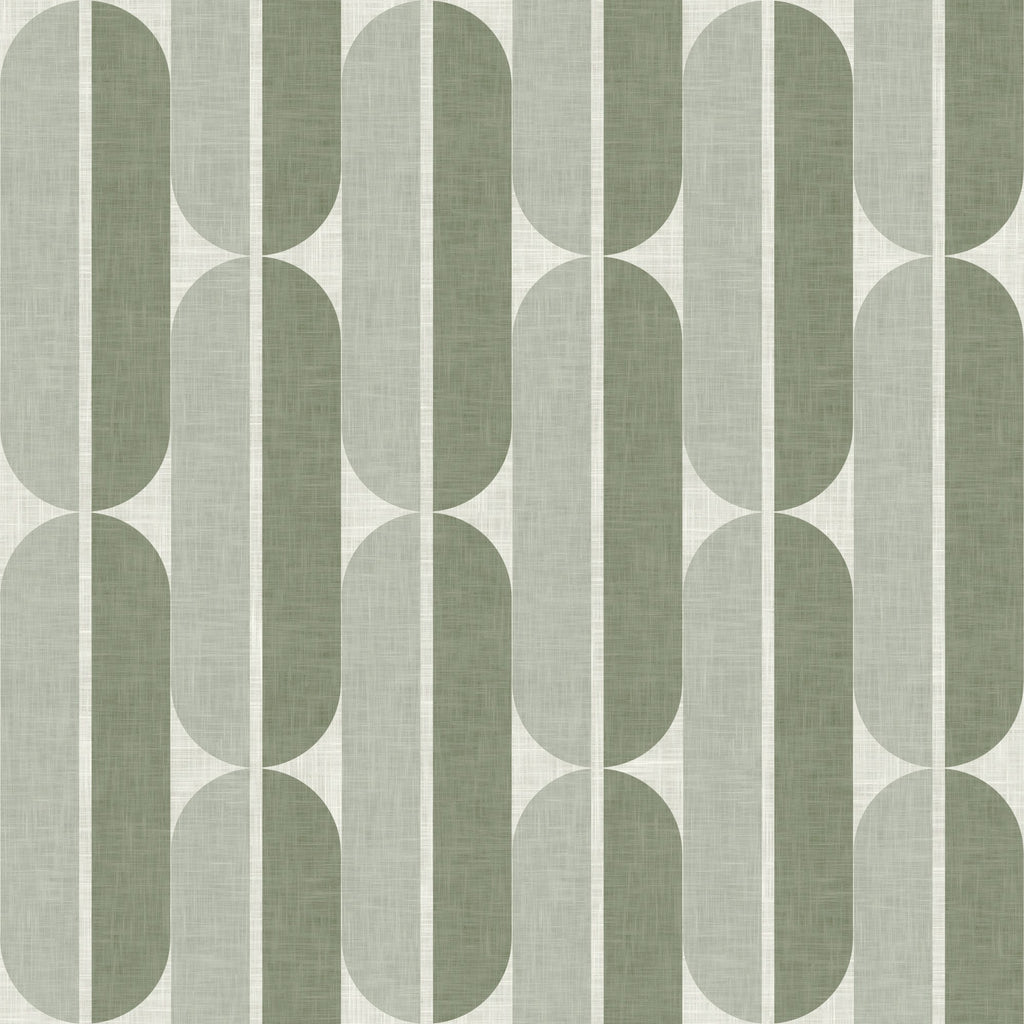 Mid Century Oval Stripe in Green Grey by Sarah Thorpe, peel and stick wallpaper, mid-century Oval Stripe by Sarah Thorpe