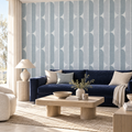 Mid Century Oval Stripe in Blue Grey by Sarah Thorpe, peel and stick wallpaper styled on a feature wall