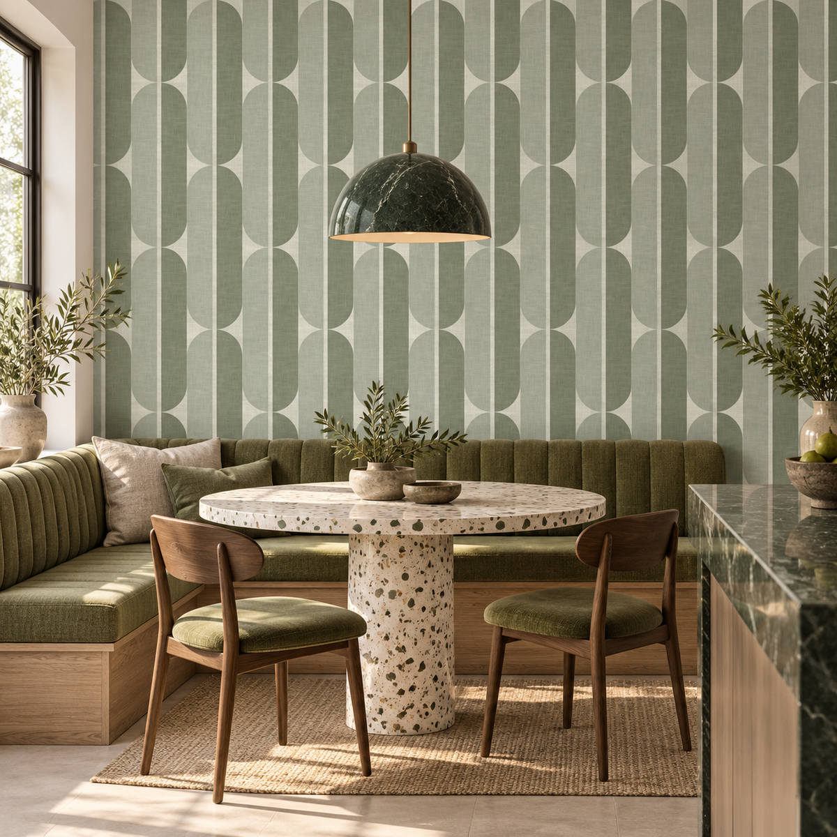Mid Century Oval Stripe in Green Grey by Sarah Thorpe, peel and stick wallpaper styled on a feature wall