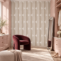 Mid Century Oval Stripe in Plaster Pink by Sarah Thorpe, peel and stick wallpaper styled on a feature wall