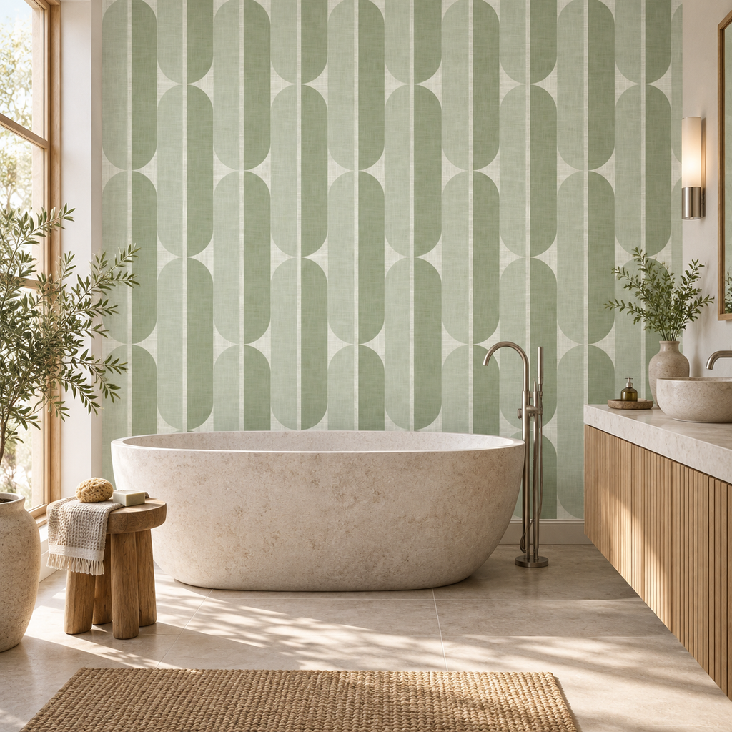 Mid Century Oval Stripe in Sage Green by Sarah Thorpe, peel and stick wallpaper styled on a feature wall