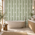 Mid Century Oval Stripe in Sage Green by Sarah Thorpe, peel and stick wallpaper styled on a feature wall