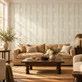 Mid Century Oval Stripe in Soft Cream by Sarah Thorpe, peel and stick wallpaper styled on a feature wall