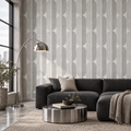 Mid Century Oval Stripe in Soft Grey by Sarah Thorpe, peel and stick wallpaper styled on a feature wall