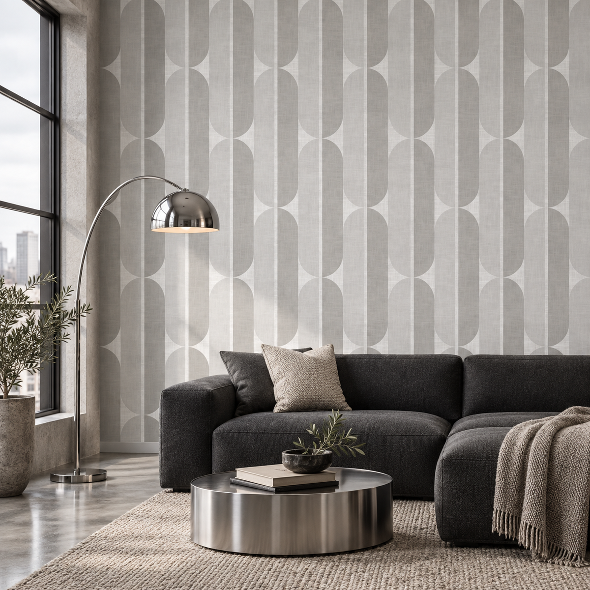 Mid Century Oval Stripe in Soft Grey by Sarah Thorpe, peel and stick wallpaper styled on a feature wall