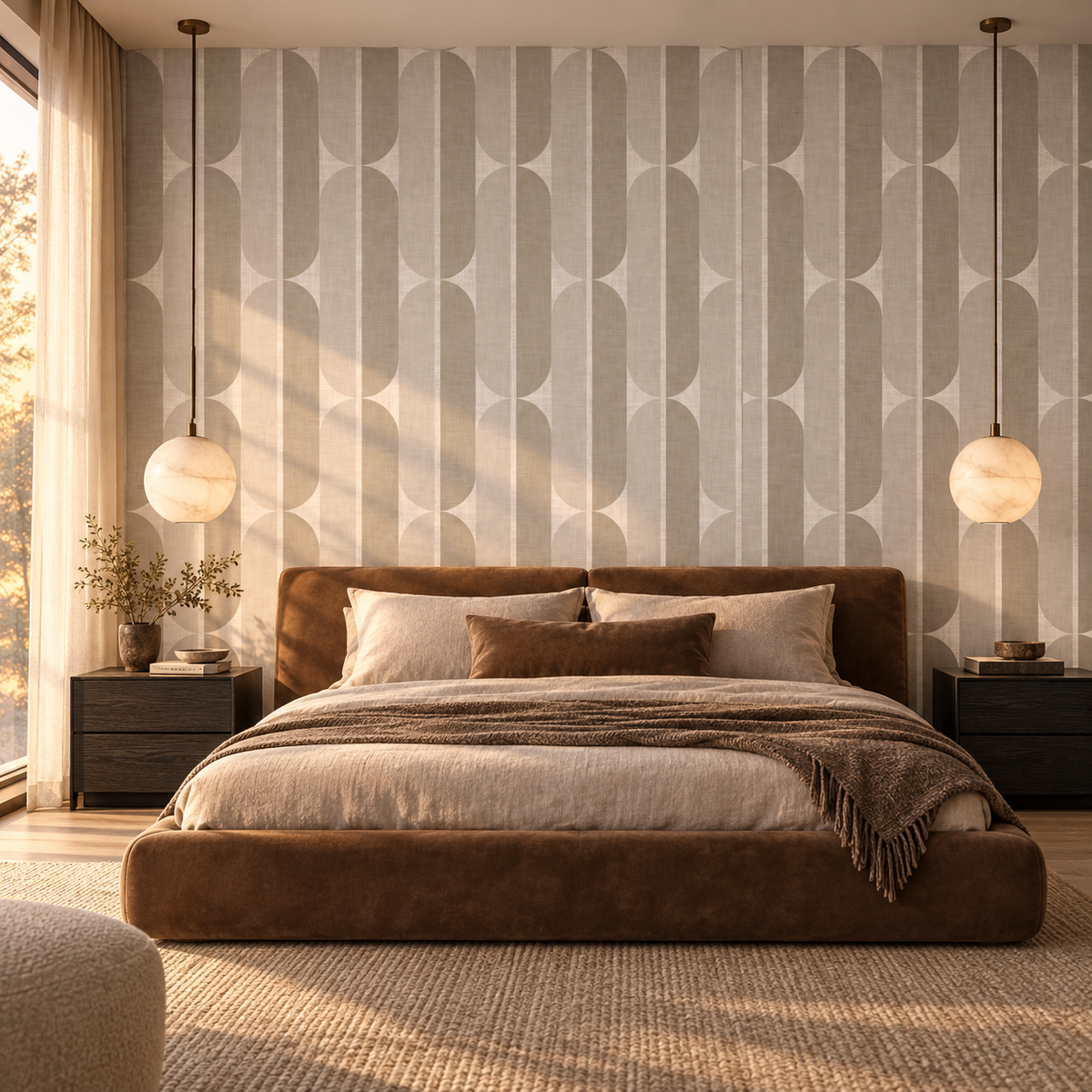 Mid Century Oval Stripe in Taupe by Sarah Thorpe, peel and stick wallpaper styled on a feature wall