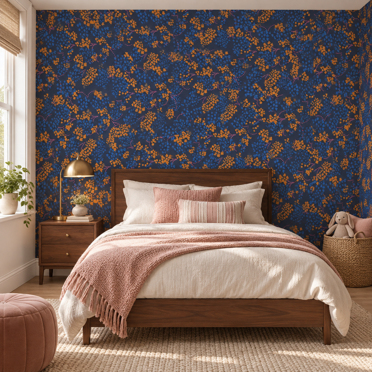 Midnight Blossoms peel and stick wallpaper styled on a feature wall