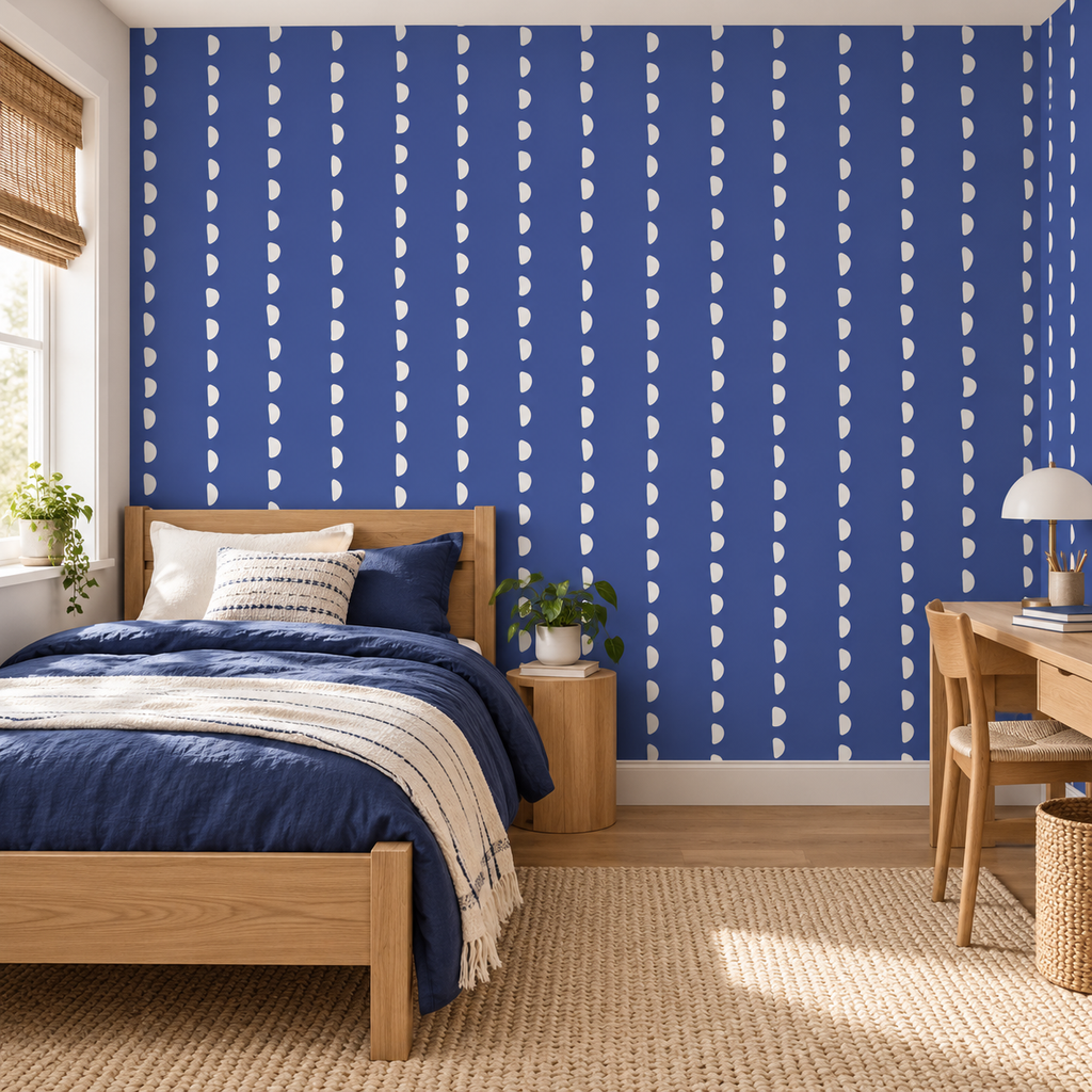 Midnight Columns peel and stick wallpaper styled on a feature wall