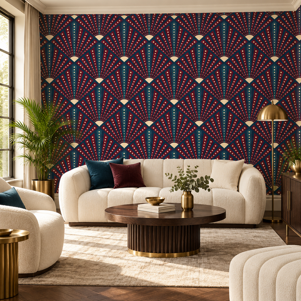 Midnight Deco, peel and stick wallpaper styled on a feature wall