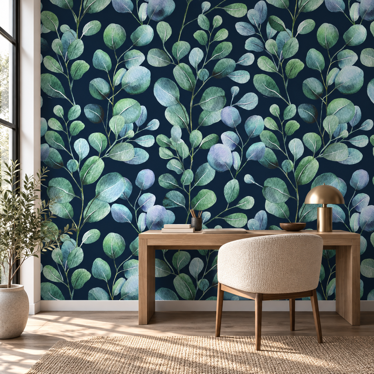 Midnight Eucalyptus, peel and stick wallpaper styled on a feature wall