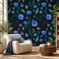 Midnight Meadow, peel and stick wallpaper styled on a feature wall