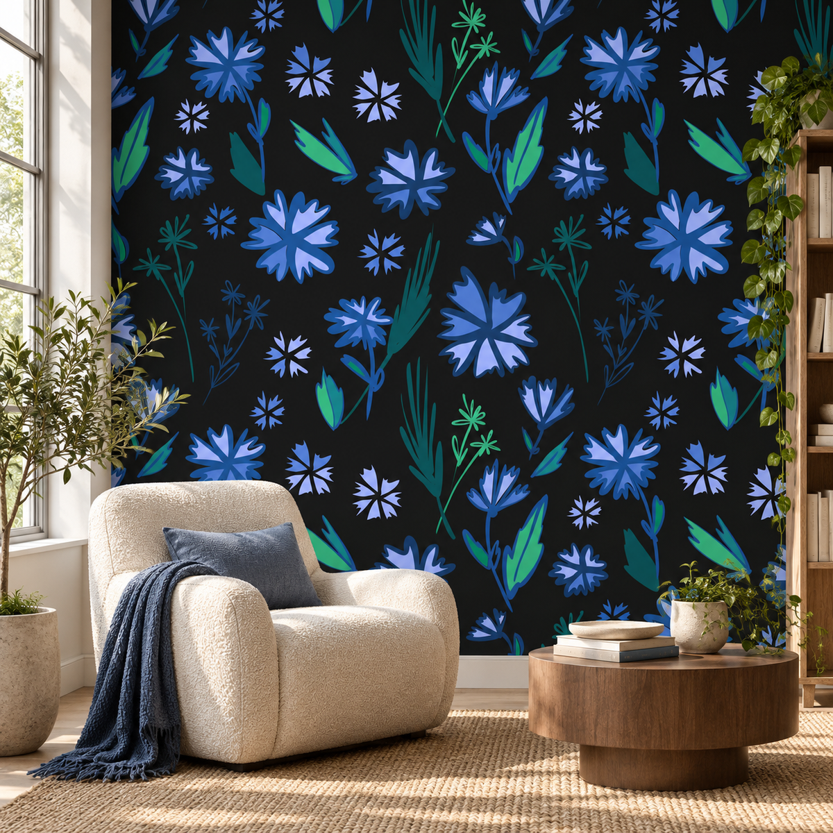 Midnight Meadow, peel and stick wallpaper styled on a feature wall