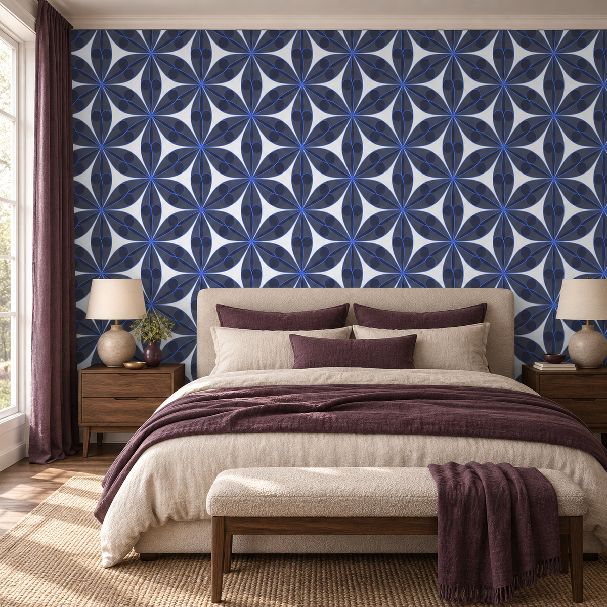 Midnight Petals, peel and stick wallpaper styled on a feature wall