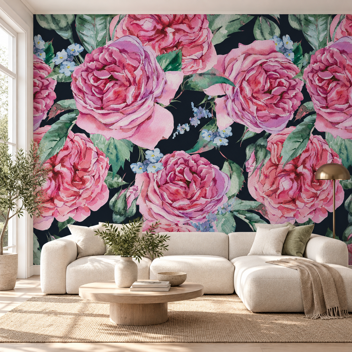 Midnight Roses, peel and stick wallpaper styled on a feature wall
