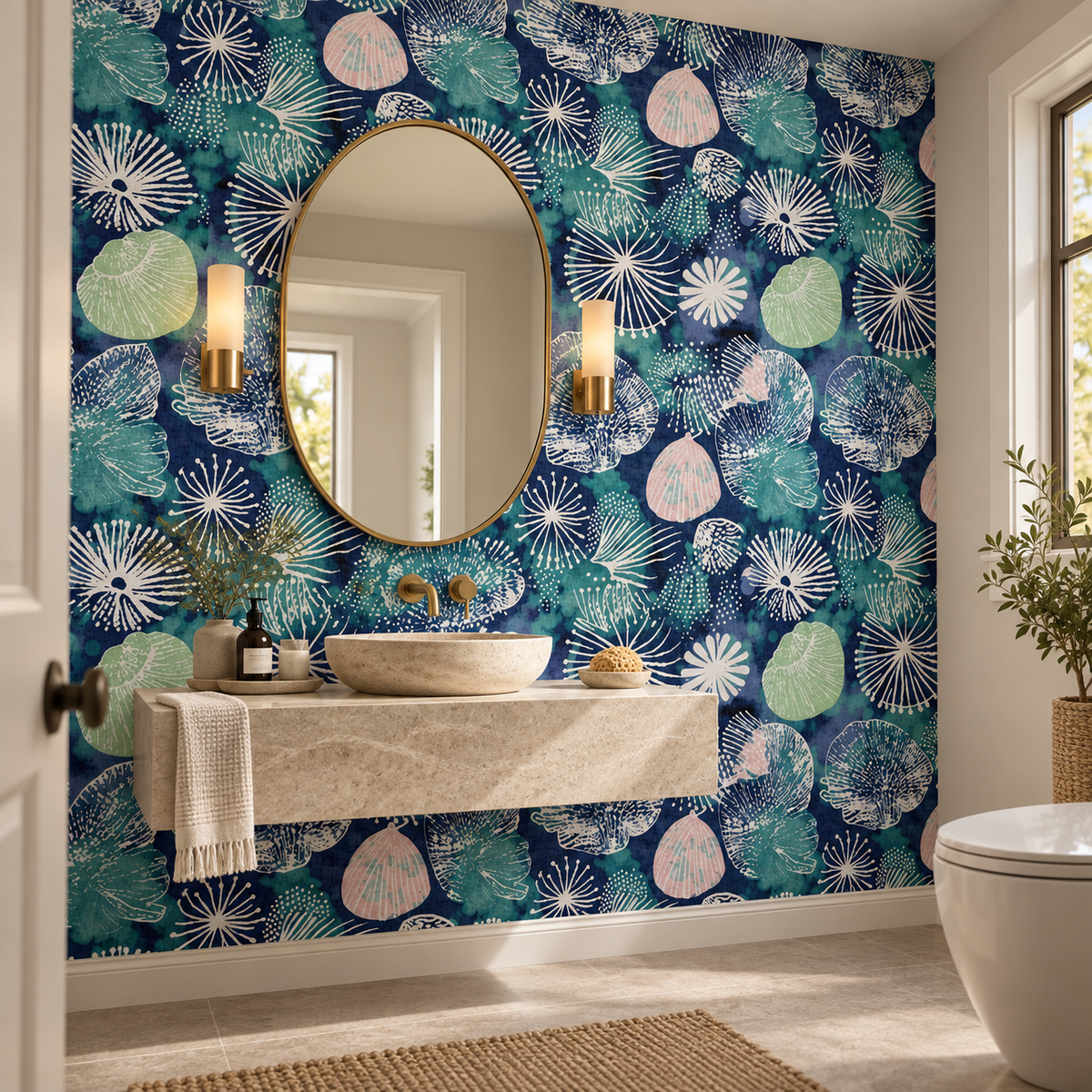 Midnight Shells, peel and stick wallpaper styled on a feature wall