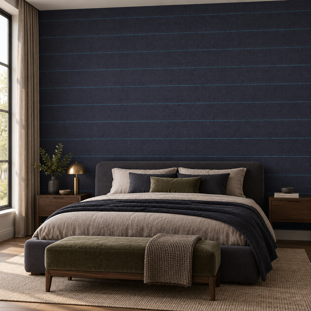 Midnight Strie, peel and stick wallpaper styled on a feature wall