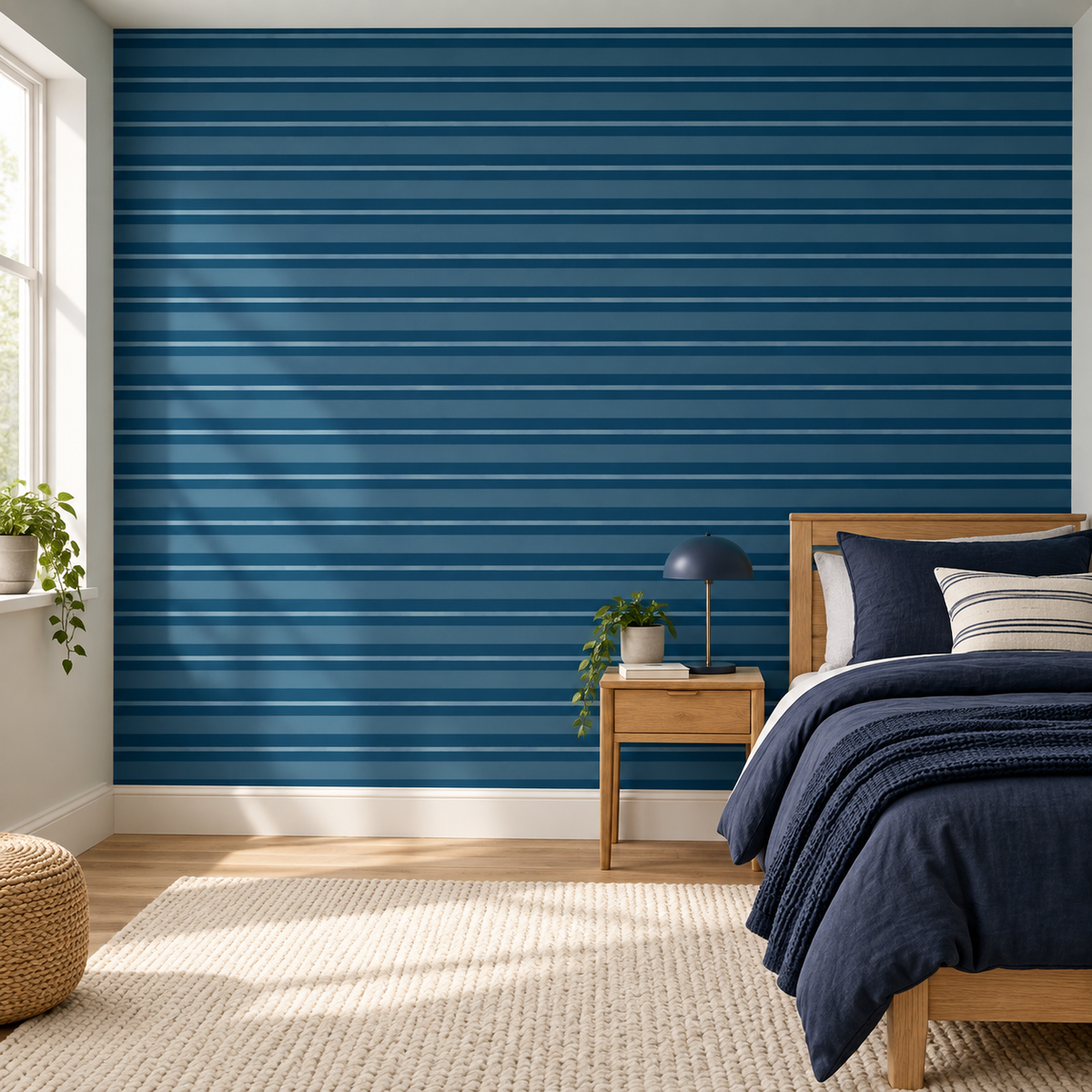 Deep Sea Stripes, peel and stick wallpaper styled on a feature wall