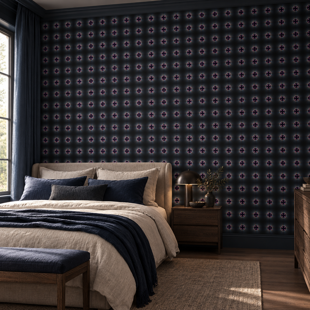 Midnight Studs, peel and stick wallpaper styled on a feature wall