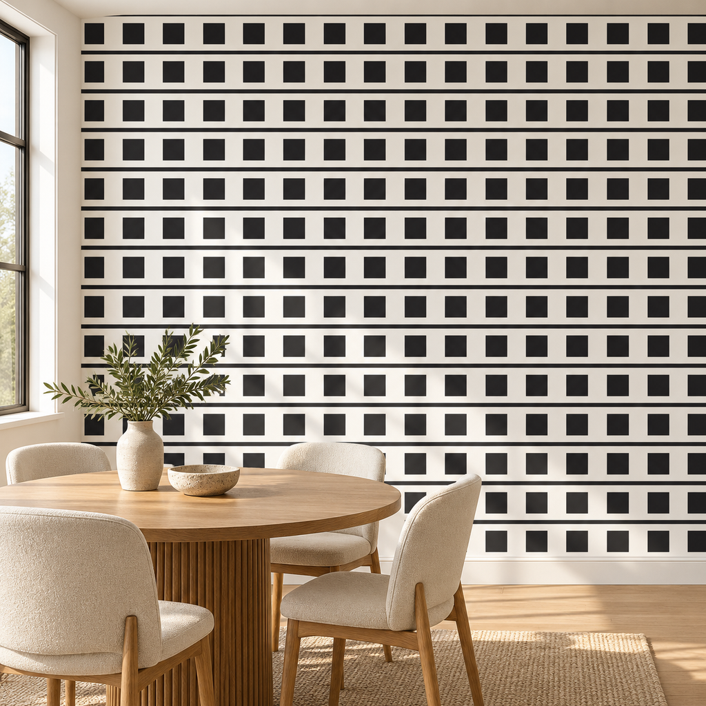 Midnight Tiles, peel and stick wallpaper styled on a feature wall