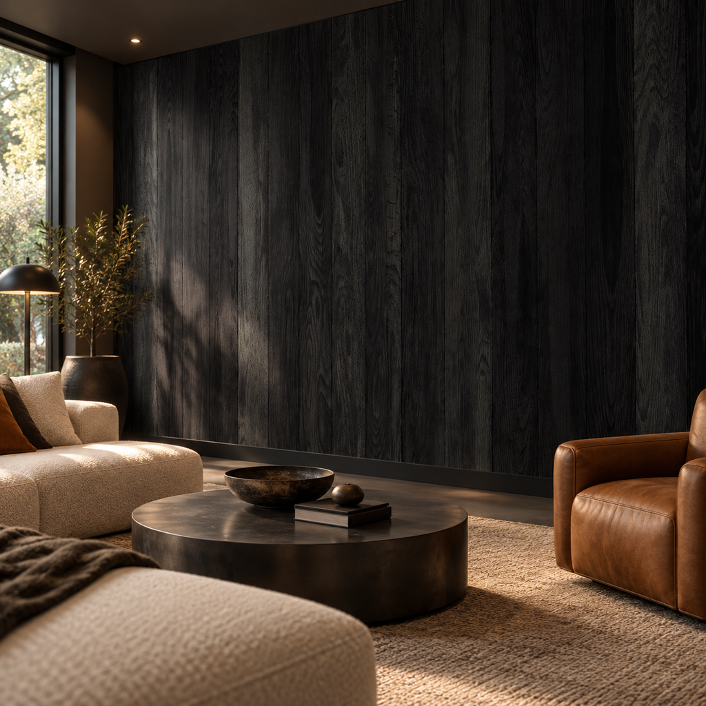 Midnight Timber, peel and stick wallpaper styled on a feature wall
