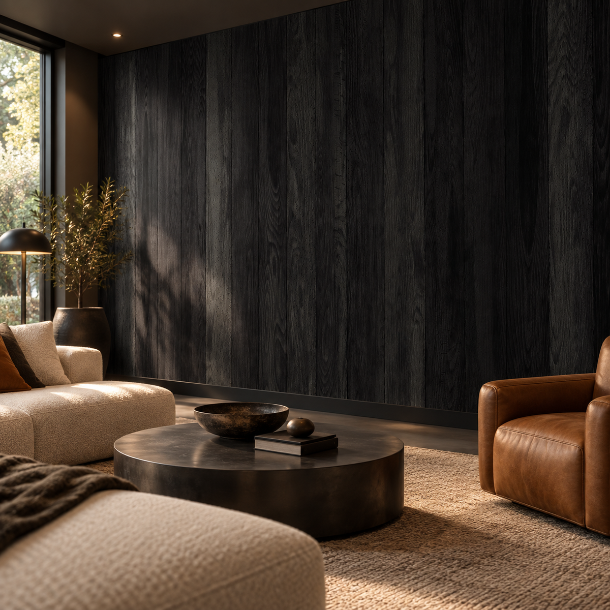 Midnight Timber, peel and stick wallpaper styled on a feature wall