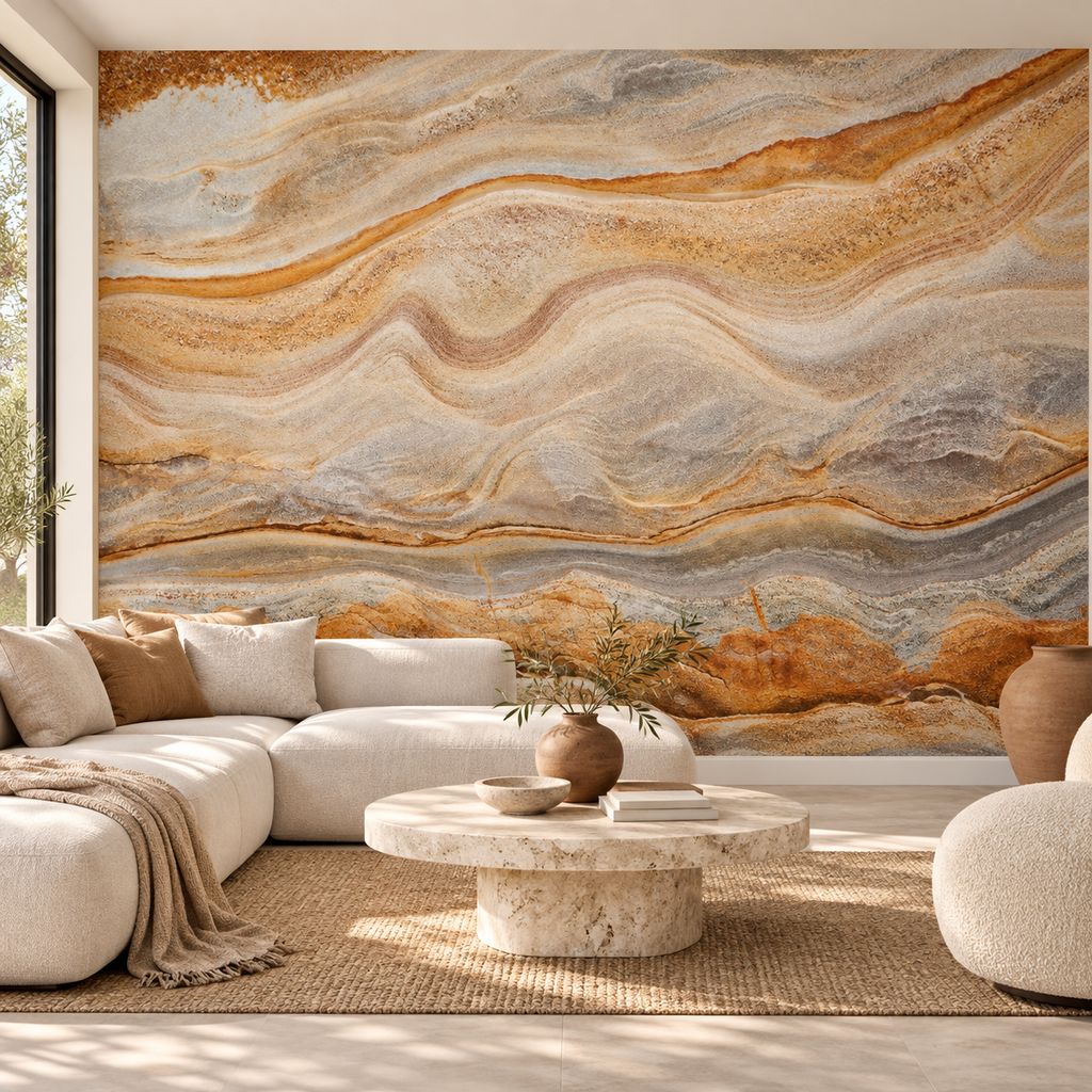Mineral Drift, peel and stick wallpaper styled on a feature wall
