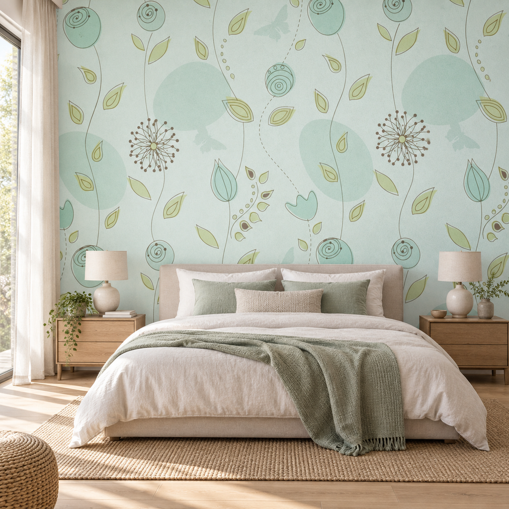 Mint Dandelion, peel and stick wallpaper styled on a feature wall