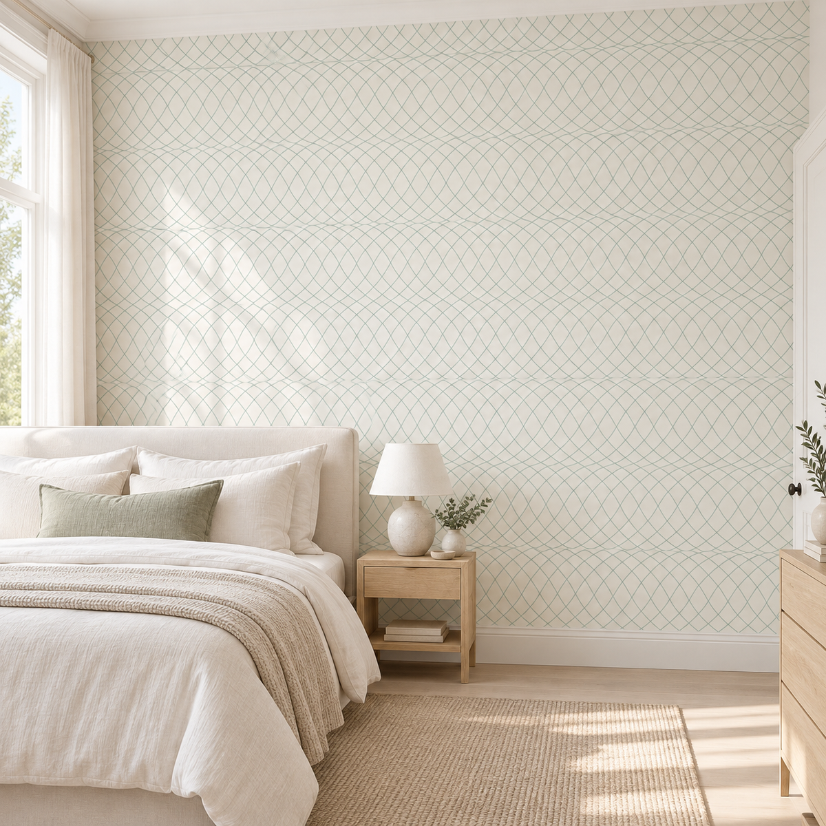 Mint Lattice, peel and stick wallpaper styled on a feature wall