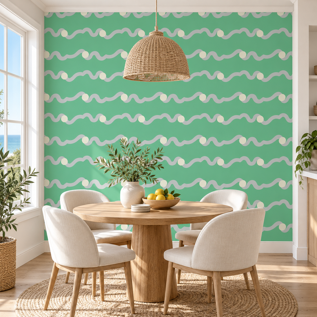 Mint Waves, peel and stick wallpaper styled on a feature wall