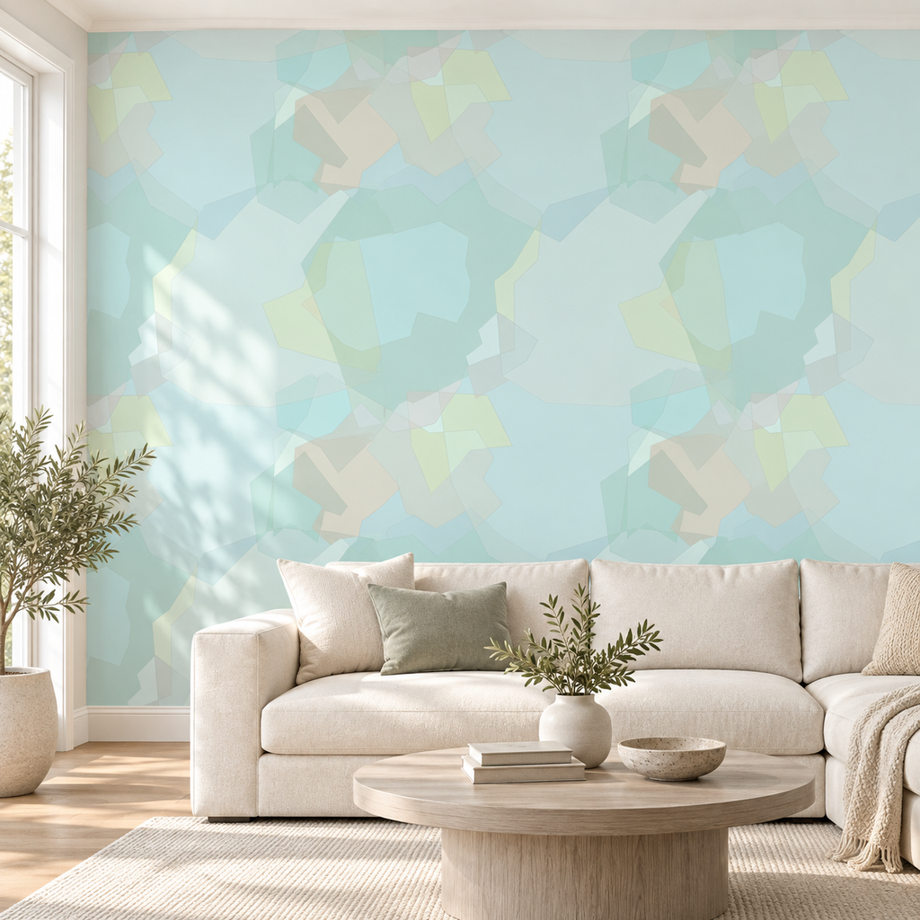 Mist Mosaic, peel and stick wallpaper styled on a feature wall