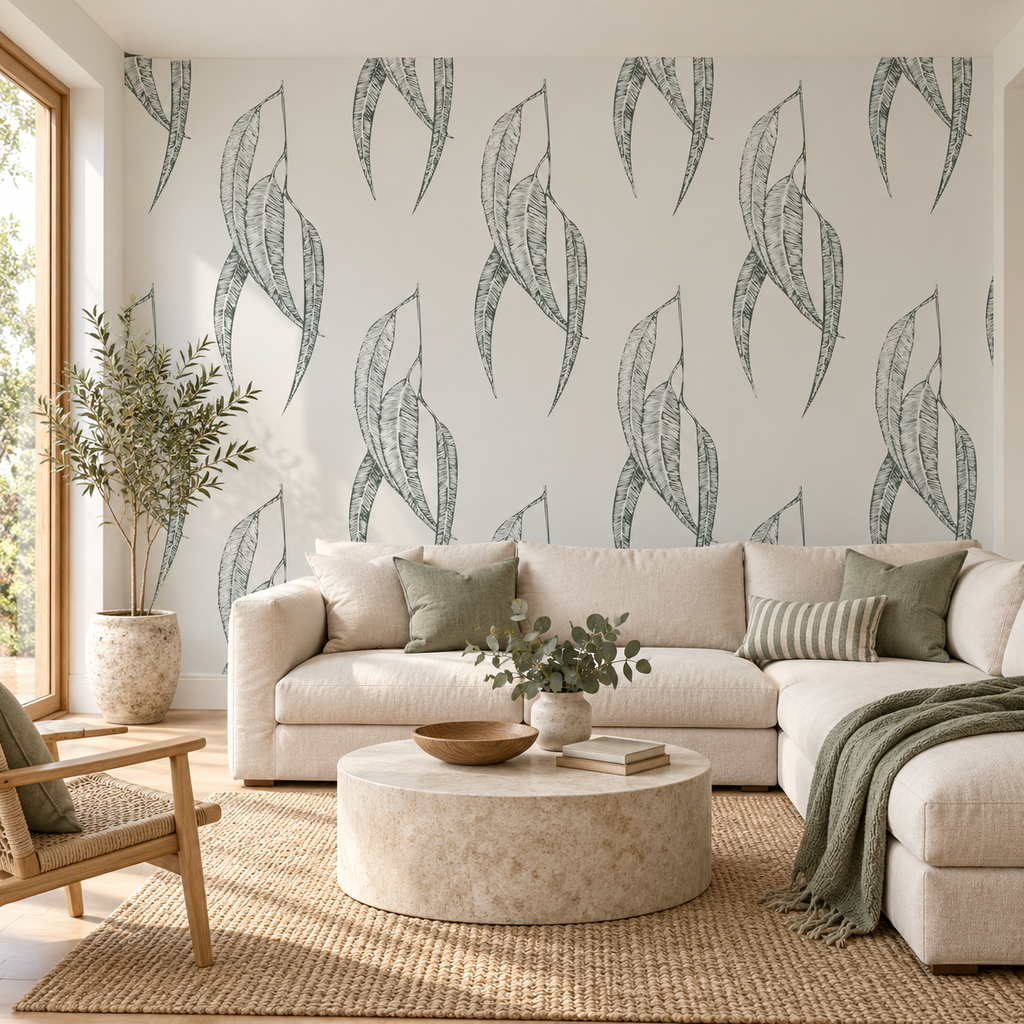 Misty Gum Leaf in Mist by Charlotte Brandis, peel and stick wallpaper styled on a feature wall